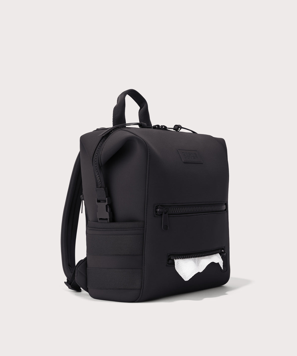 Dagne Dover Medium Indi Diaper Backpack in onyx showing the zipper opening for easy access wipes.