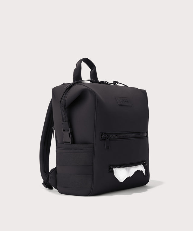Dagne Dover Medium Indi Diaper Backpack in onyx showing the zipper opening for easy access wipes.