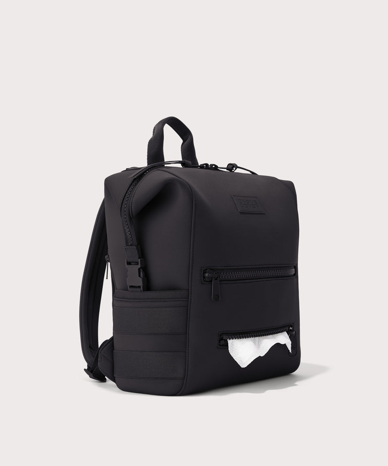 Dagne Dover Medium Indi Diaper Backpack in onyx showing the zipper opening for easy access wipes.