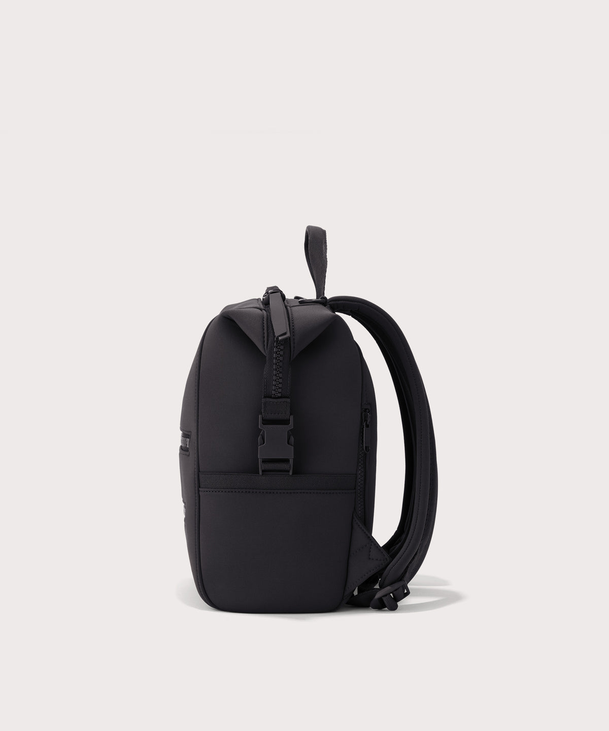 Dagne Dover small Indi Diaper Backpack in black seen from the side.
