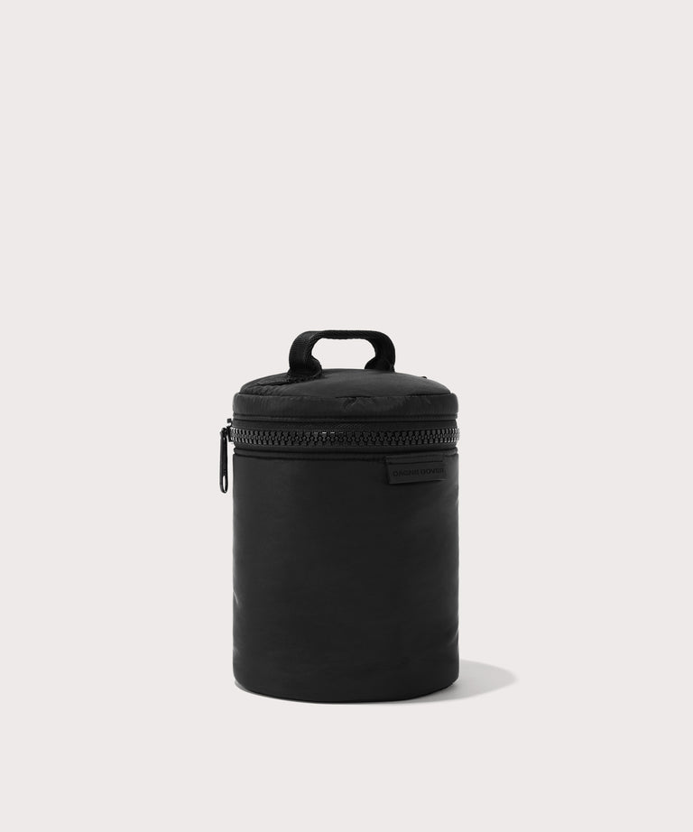 Dagne Dover large Mila Toiletry Pouch in black seen from an angle.
