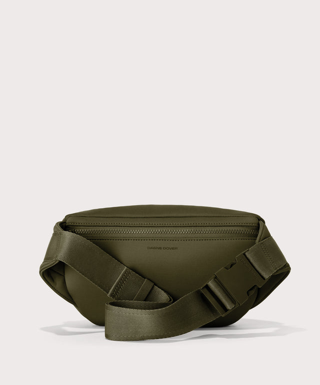 Dagne Dover jax large fanny pack in dark moss seen from the back.
