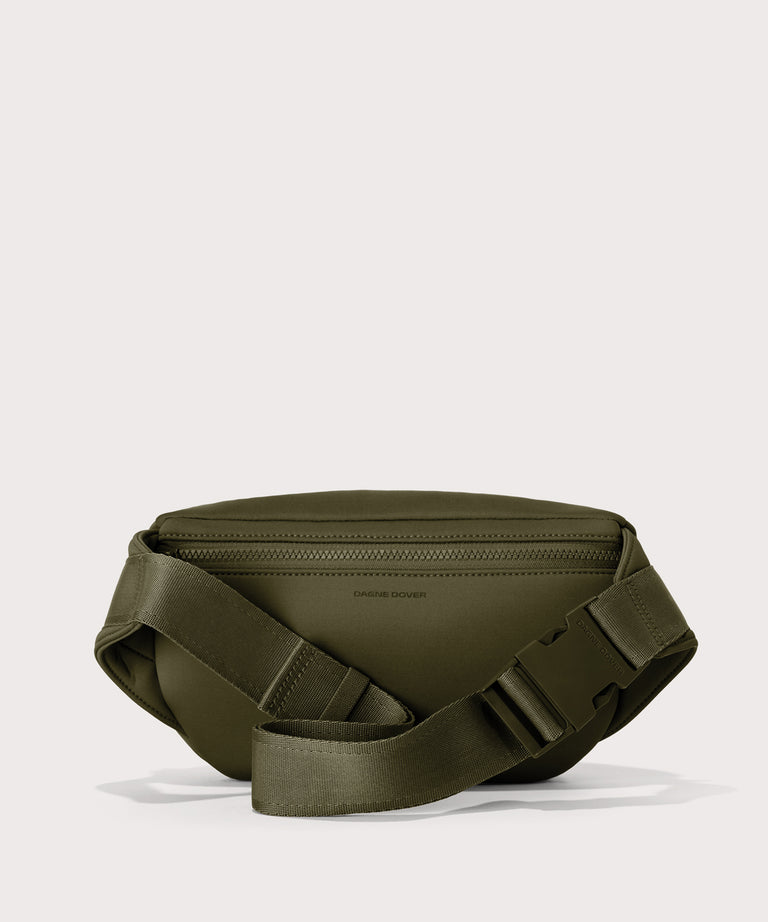 Dagne Dover jax large fanny pack in dark moss seen from the back.
