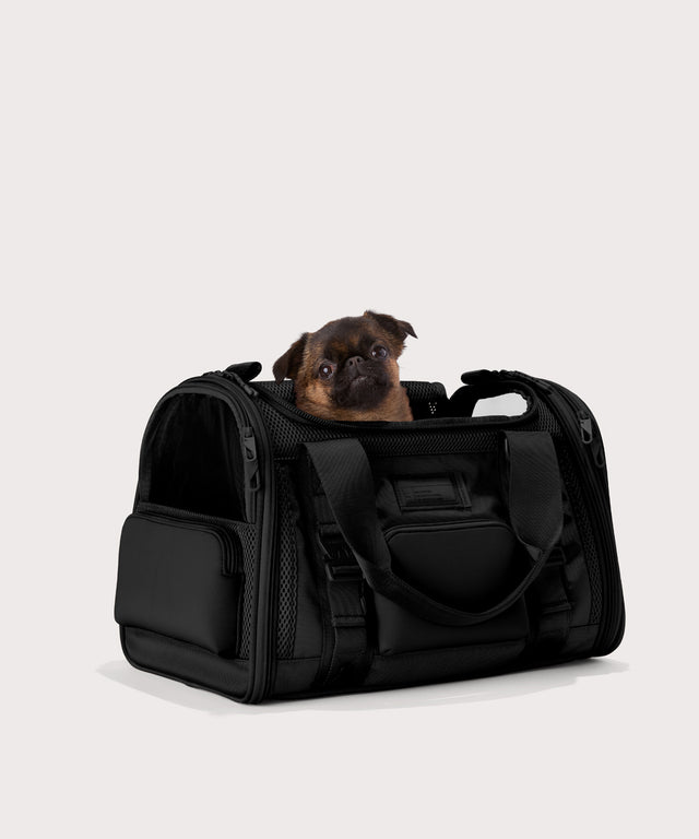 Dagne Dover Small Kyoto Pet Carrier in black seen from an angle with a dog inside the carrier. Caption: Edna is a 5-lb Brussels Griffon. 
