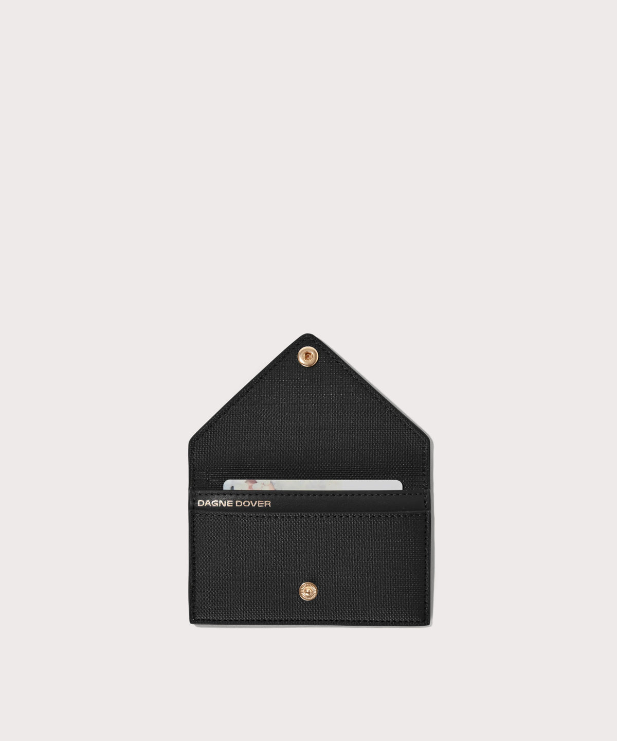 hover - Dagne Dover vegan Card Case in black opened revealing the two internal card slots.