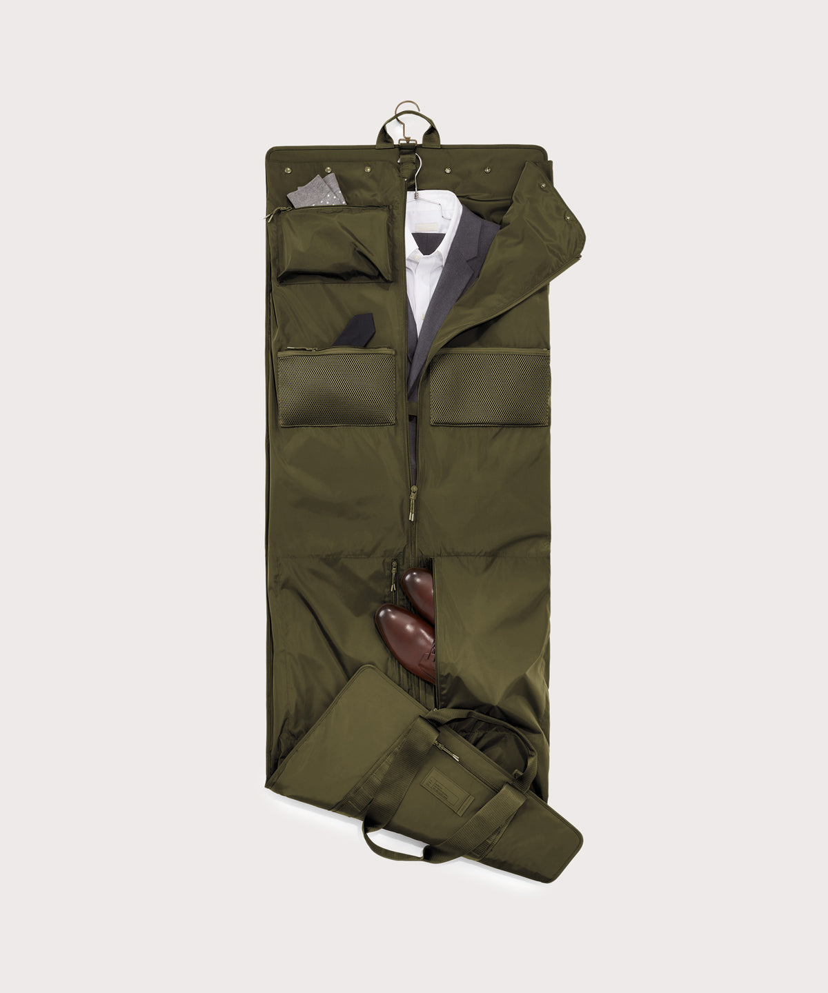 hover Top down of Capri garment bag in dark moss 
