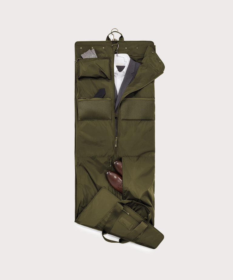 hover Top down of Capri garment bag in dark moss 
