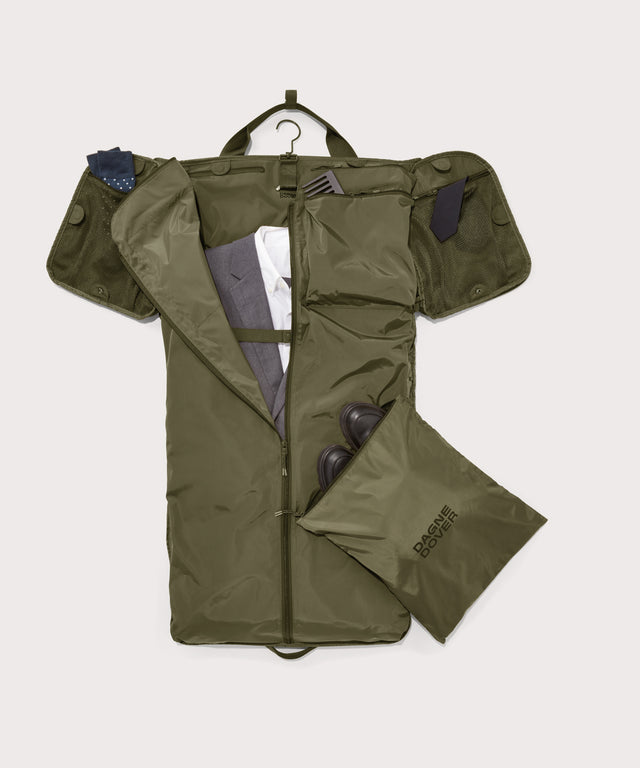 hover Top down Monaco garment duffle unfolded to show garment bag form.
