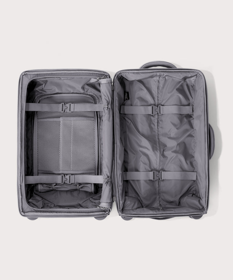Top down of Seattle carry-on rolling luggage 23.5” in light grey 
