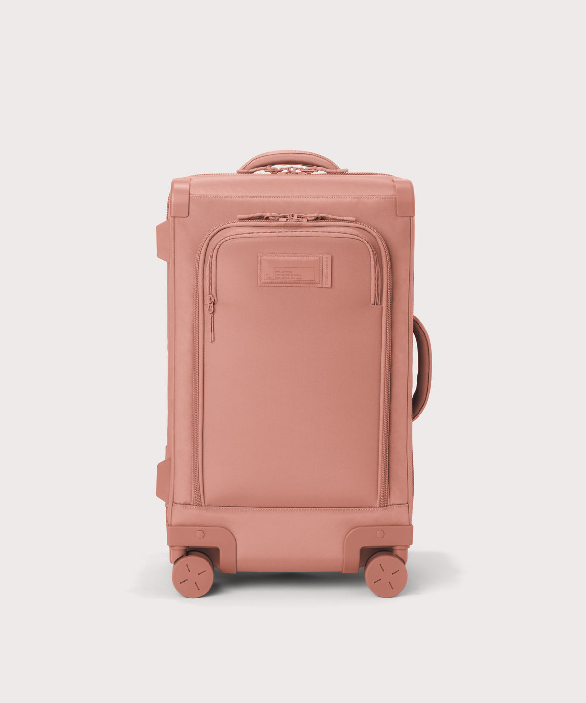 Front view of Seattle carry-on rolling luggage 23.5” in warm dust pink

