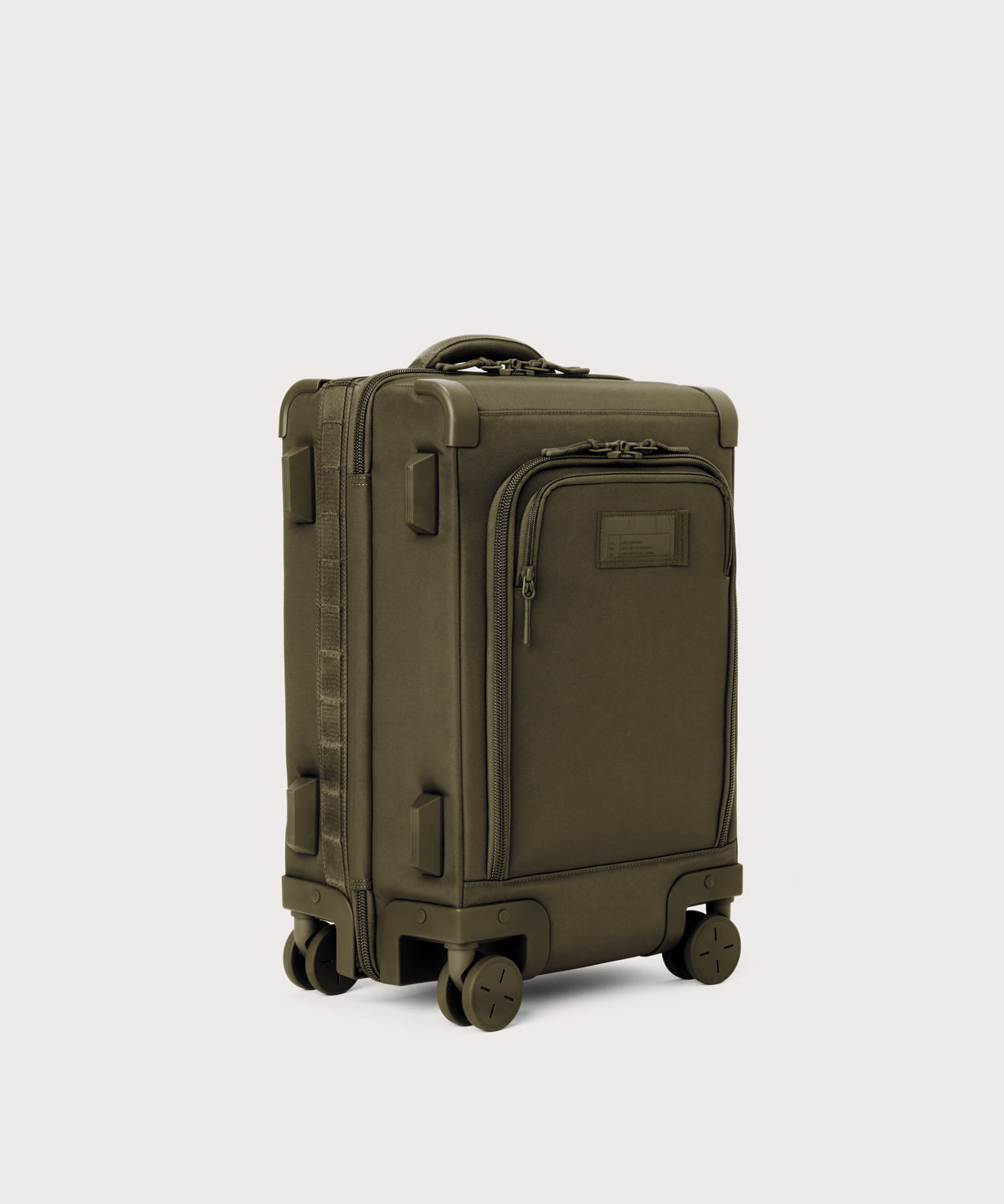 3/4 front view of Seattle carry-on rolling luggage 20.5” in dark green showing side luggage feet
