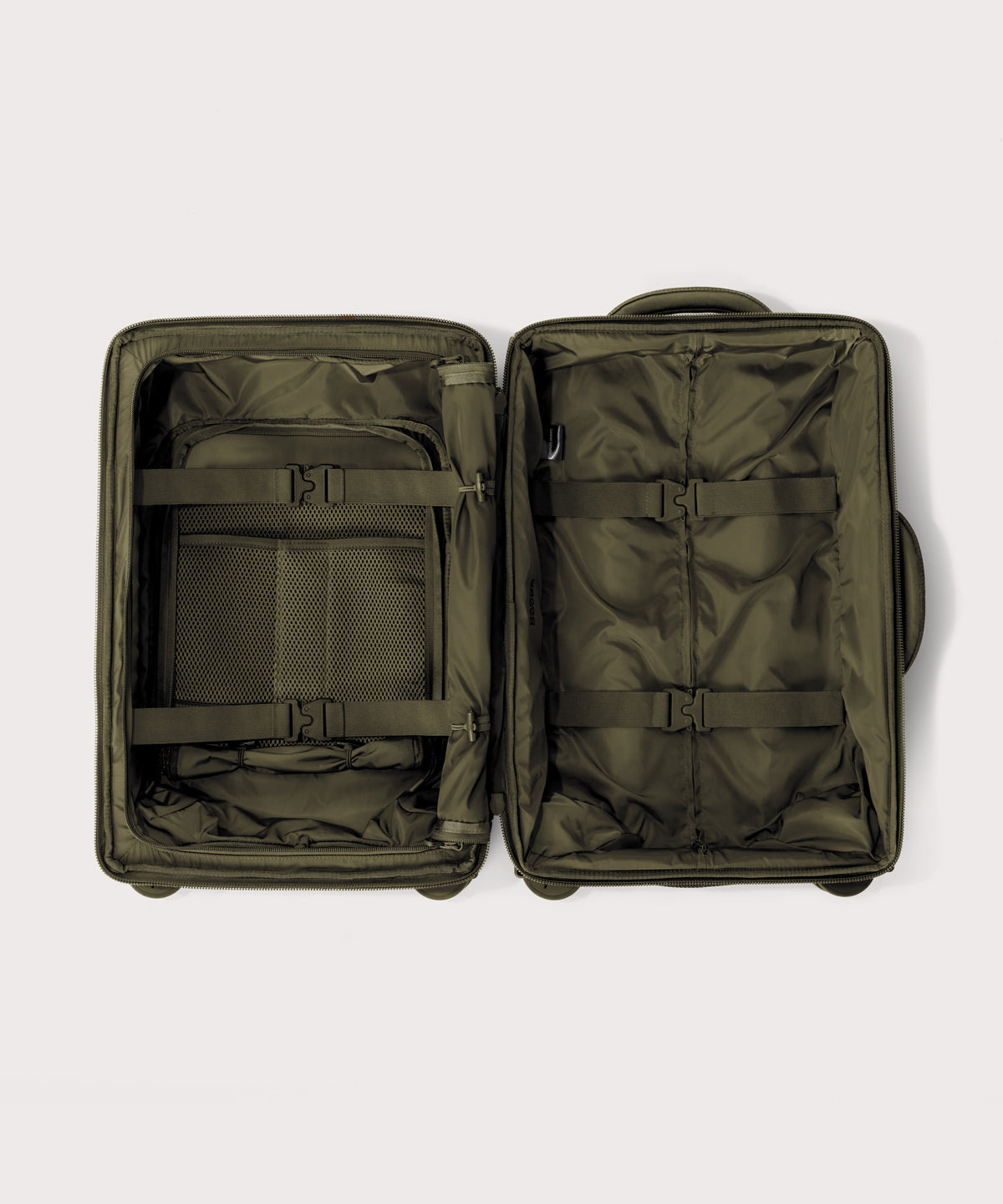 Top down of Seattle carry-on rolling luggage 20.5” in dark green 
