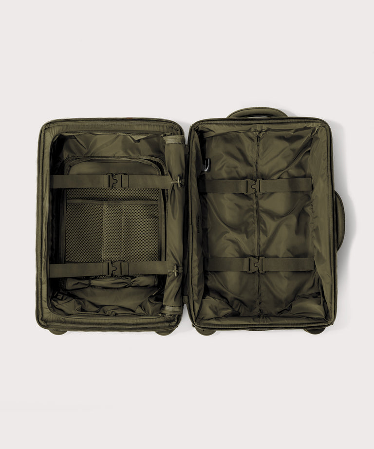 Top down of Seattle carry-on rolling luggage 20.5” in dark green 
