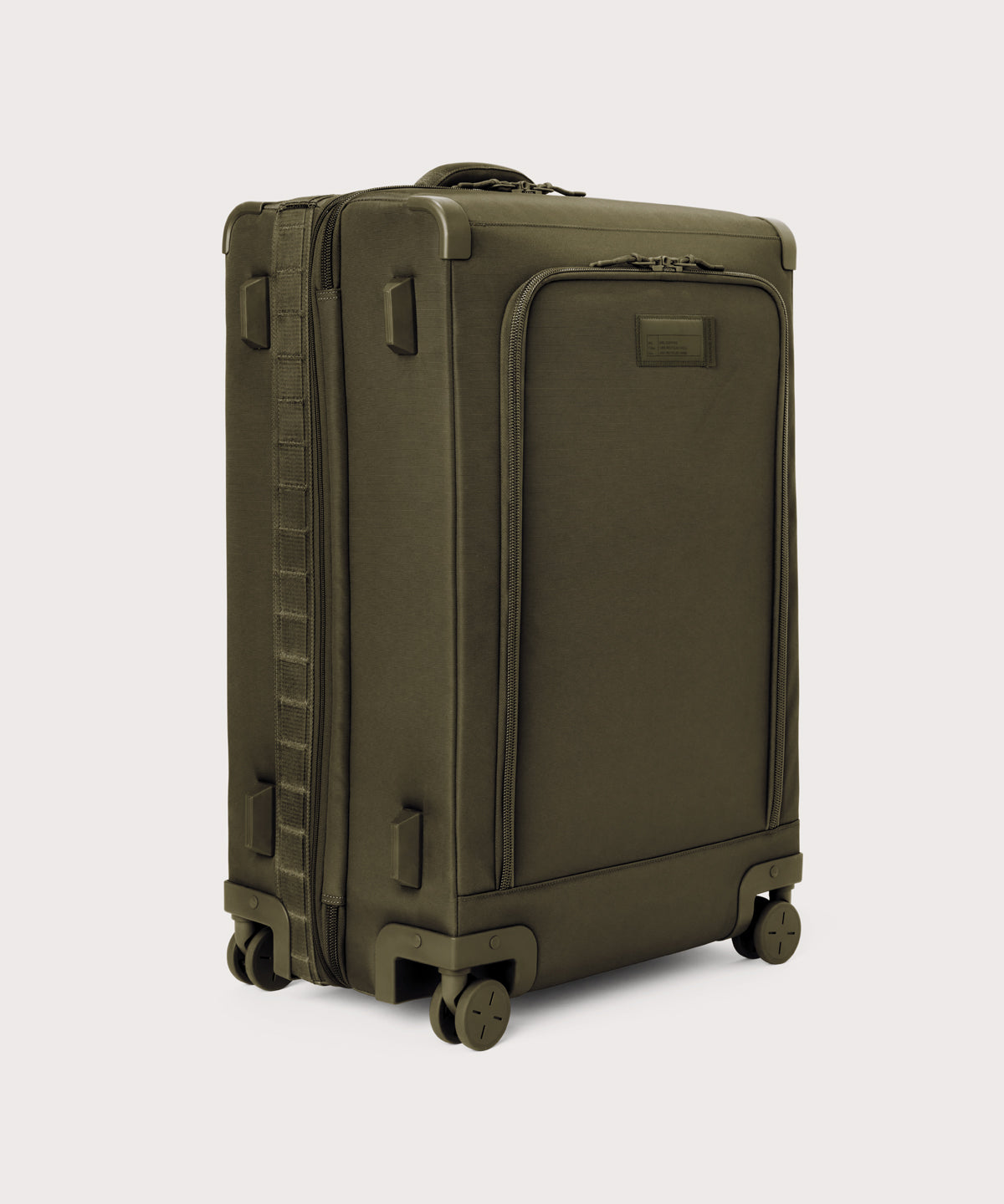 3/4 front view of Sydney checked rolling luggage 28.5” in dark green showing side luggage feet
