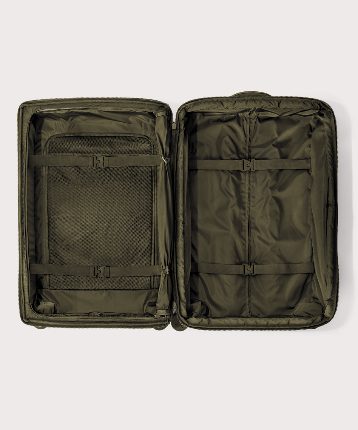 Top down of Sydney checked rolling luggage 28.5” in dark green 
