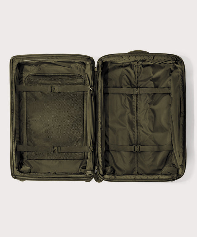 Top down of Sydney checked rolling luggage 28.5” in dark green 
