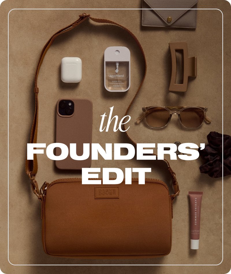 Collection of brown leather items including a bag, phone case, sunglasses, and accessories on a matching brown background with 'the Founders' Edit' text.