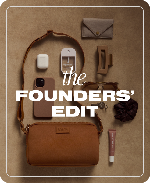 Collection of leather items including a bag, wallet, and phone case on a brown background with 'the Founders' Edit' text.