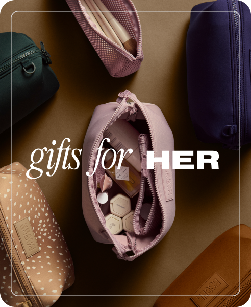 Collection of cosmetic bags with 'gifts for HER' text on a brown background