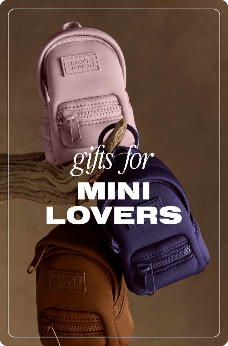 Two small bags, one pink and one blue, with text 'gifts for mini lovers' on a brown background.