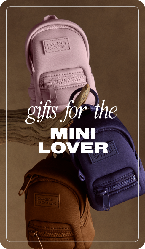 Three small backpacks in pink, brown, and blue with text 'gifts for the mini lover' on a brown background.